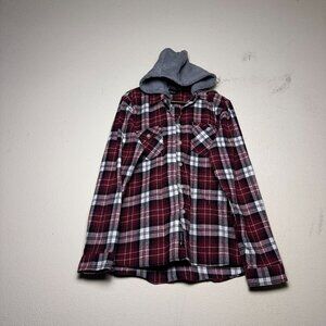 Fly Society Flannel Shirt Button Up Shacket Hoodie Men L Red Plaid Grey Hooded